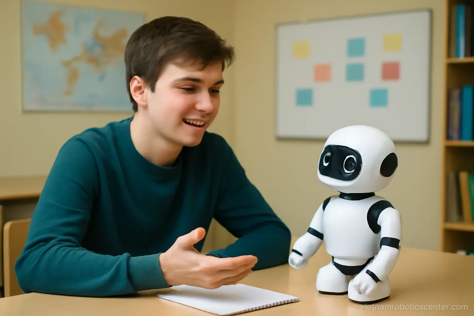 Student talking with a small tabletop robot