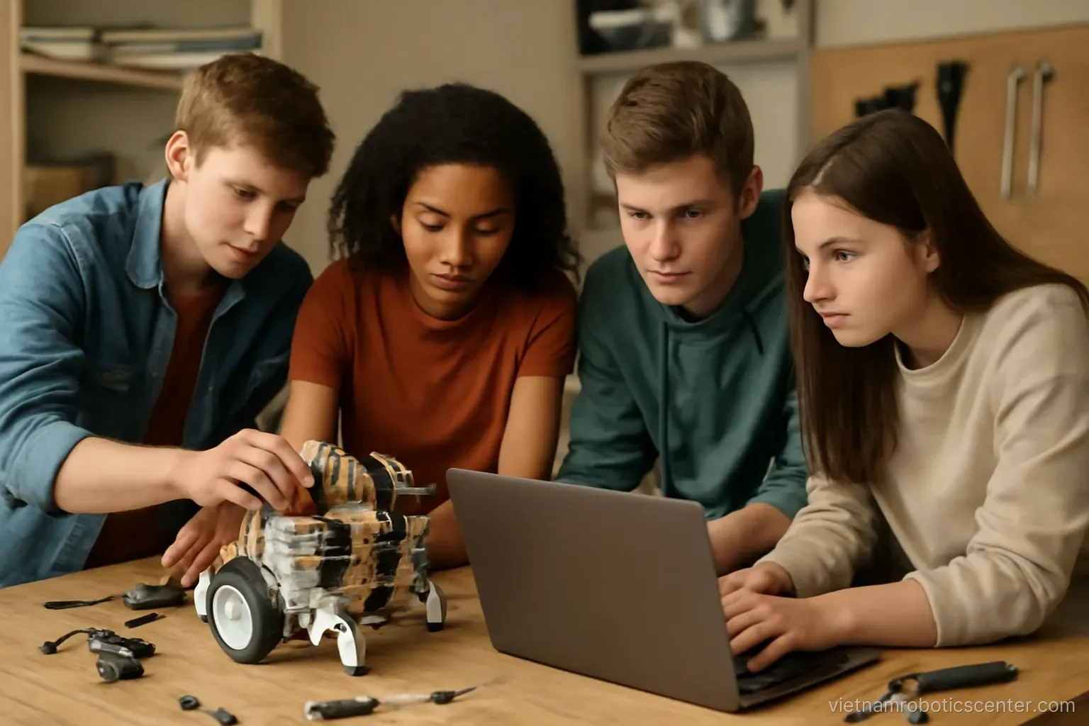 Teenagers working with robot components at a workshop table
