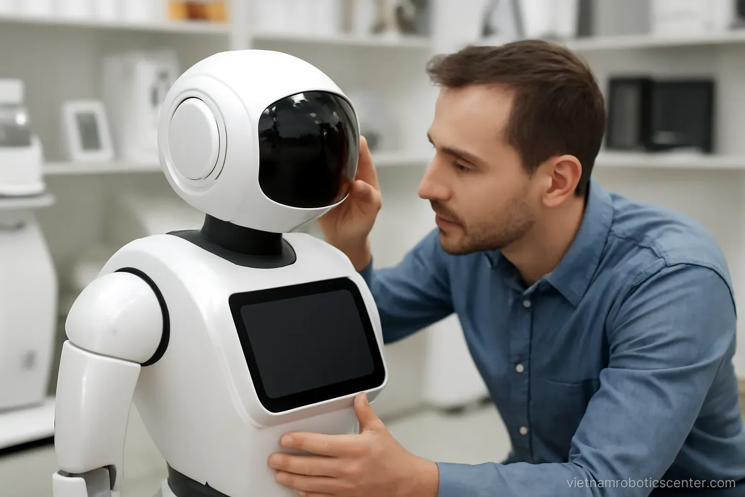 Person inspecting a service robot in a showroom