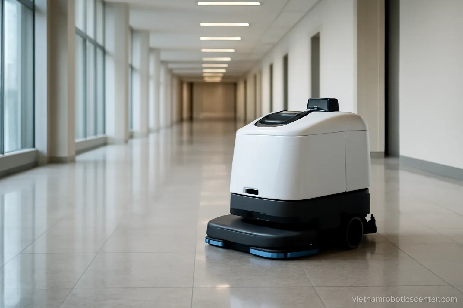 Floor cleaning robot working in a building corridor