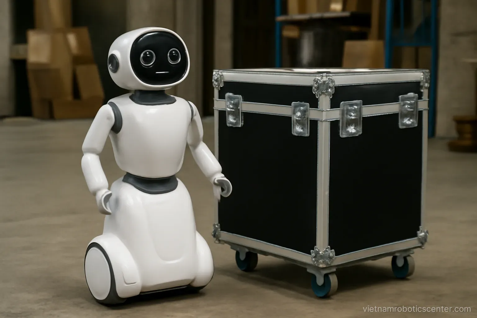 Robot being prepared for transport beside a case
