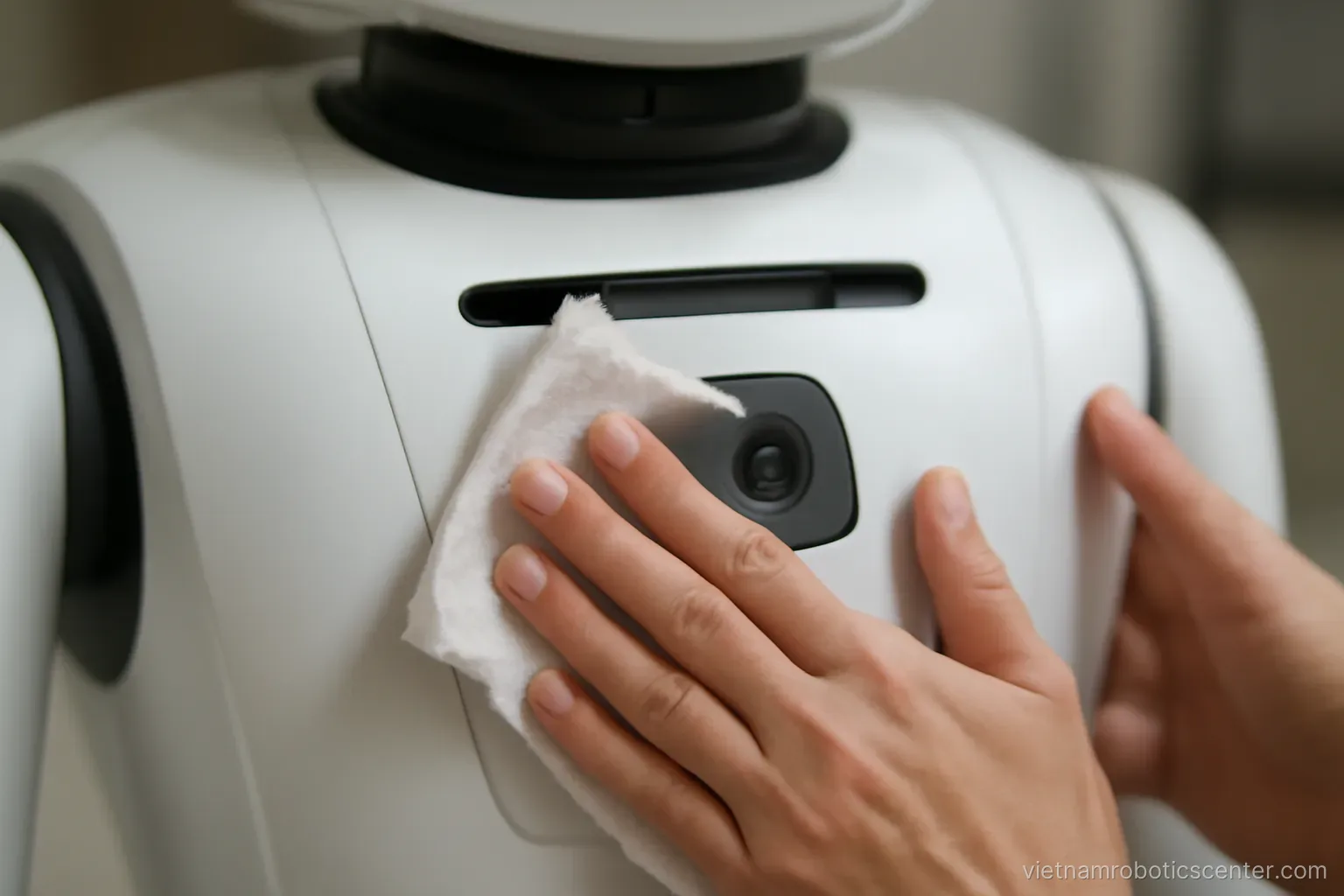 Hands wiping the sensor area of a service robot