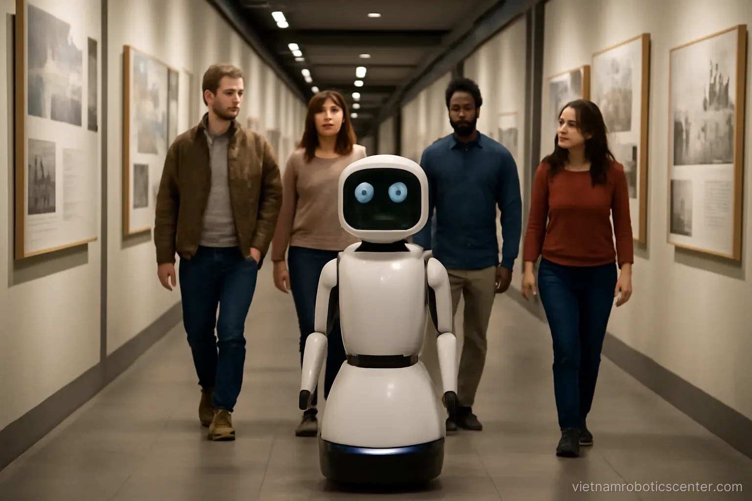 Guide robot leading visitors along an exhibition corridor