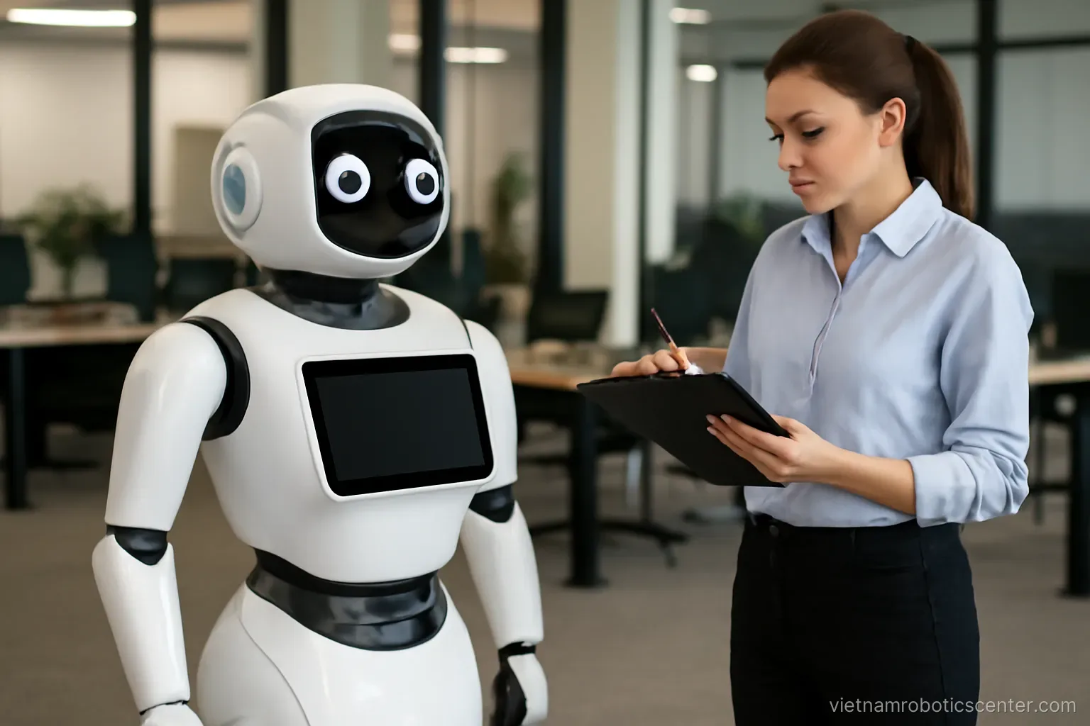 Newly installed robot with a staff member observing