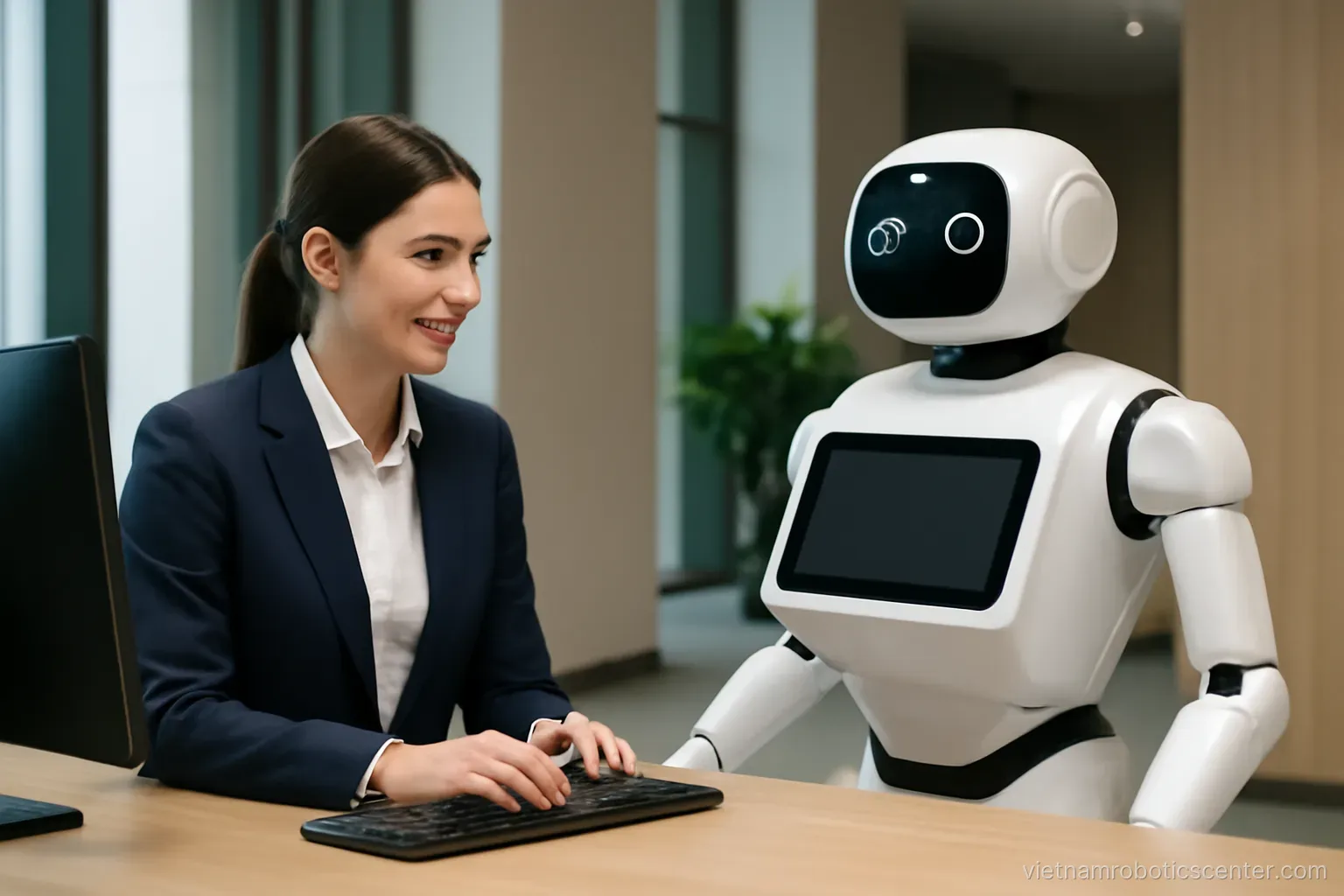 Staff member working alongside a service robot