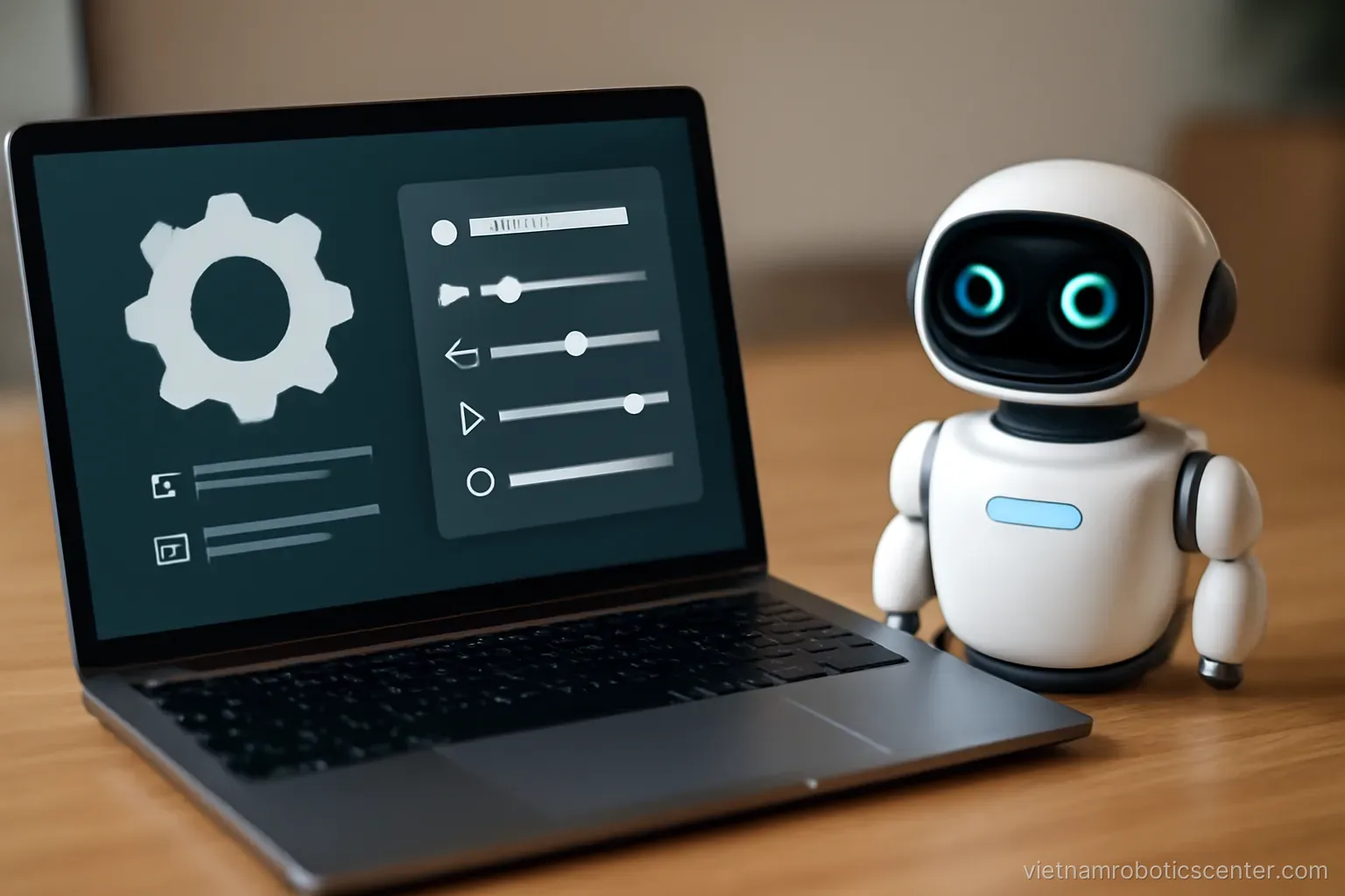 Laptop showing a configuration interface beside a robot
