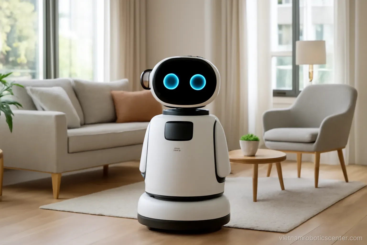 Compact robot in the living room of a show apartment