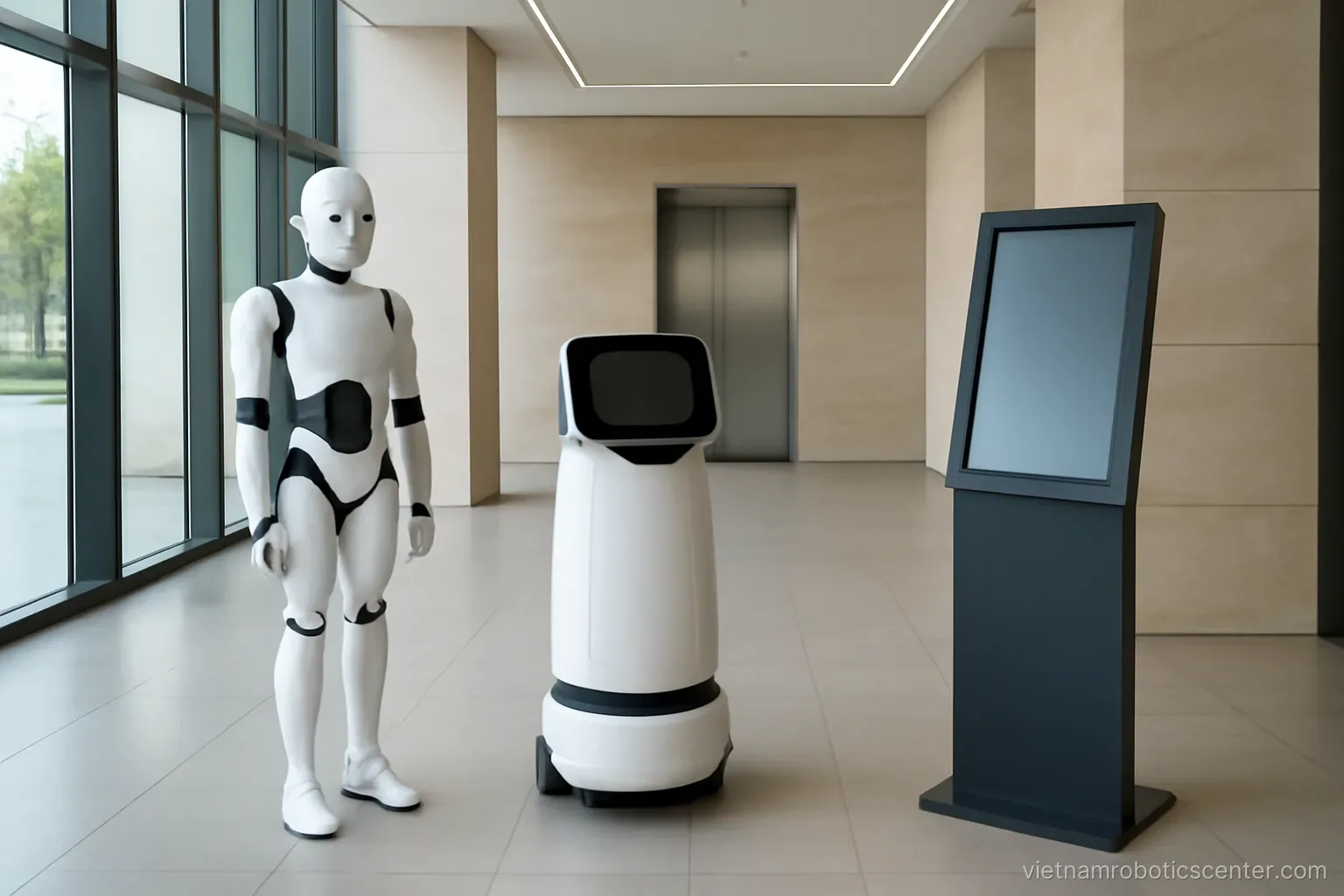 Different service devices placed together in a building lobby