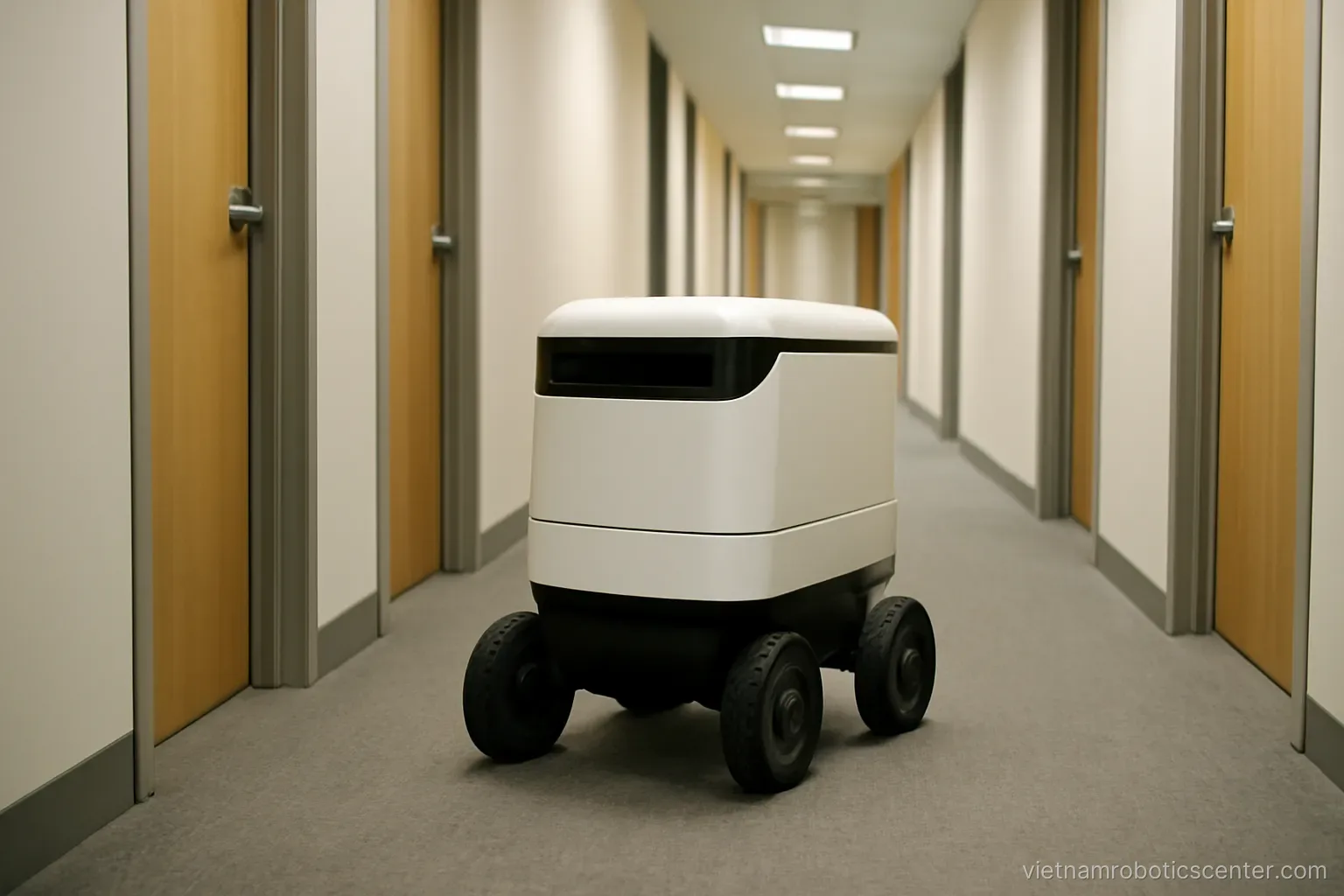 Delivery robot moving along an office corridor
