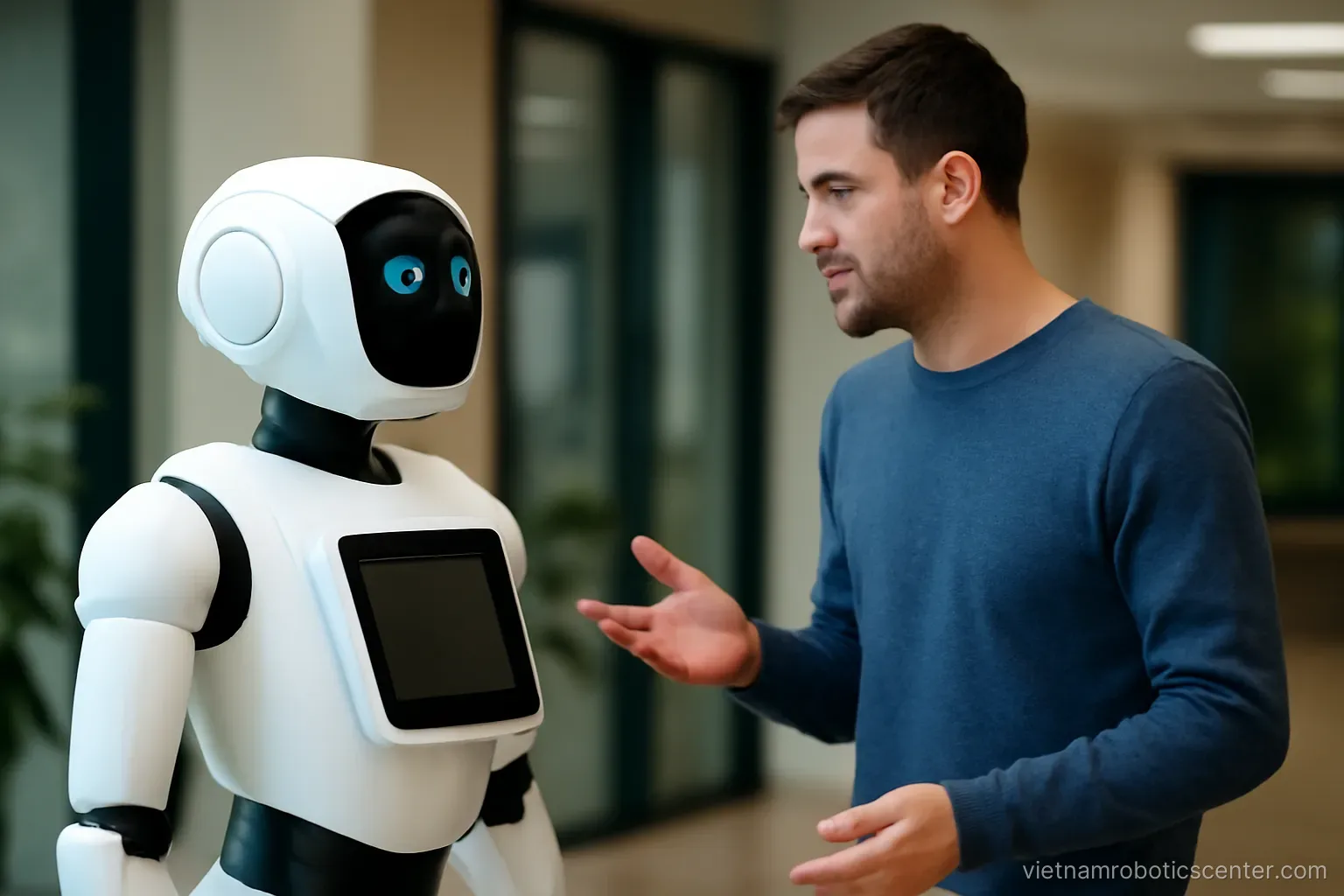 Person speaking to a service robot indoors