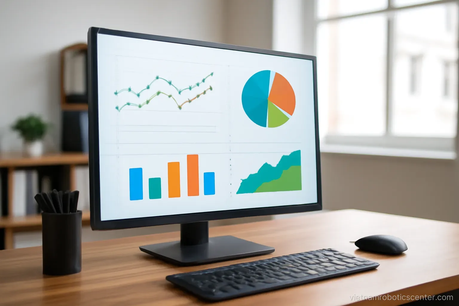 Dashboard with charts displayed on an office monitor
