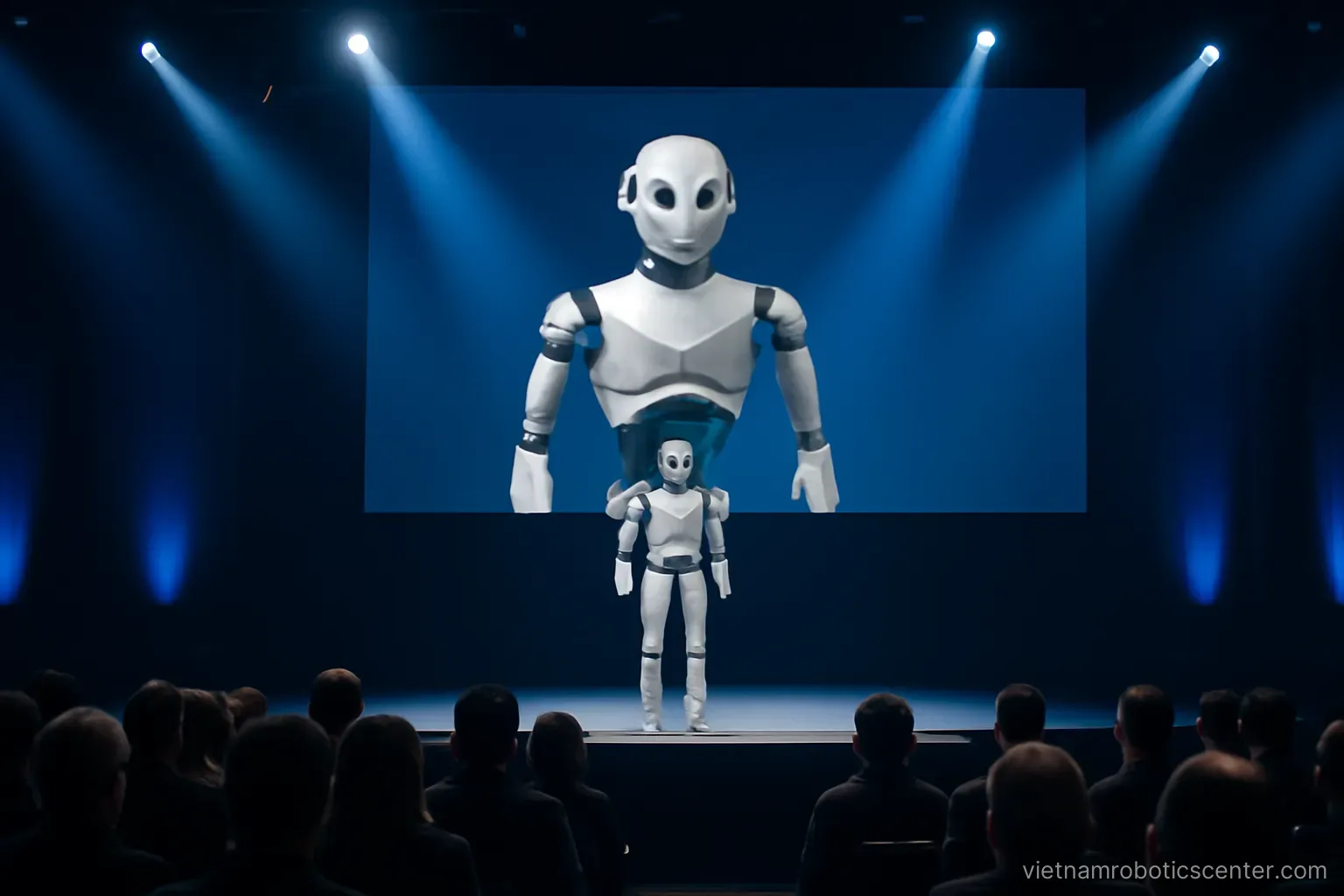 Robot being presented on a stage with a large screen
