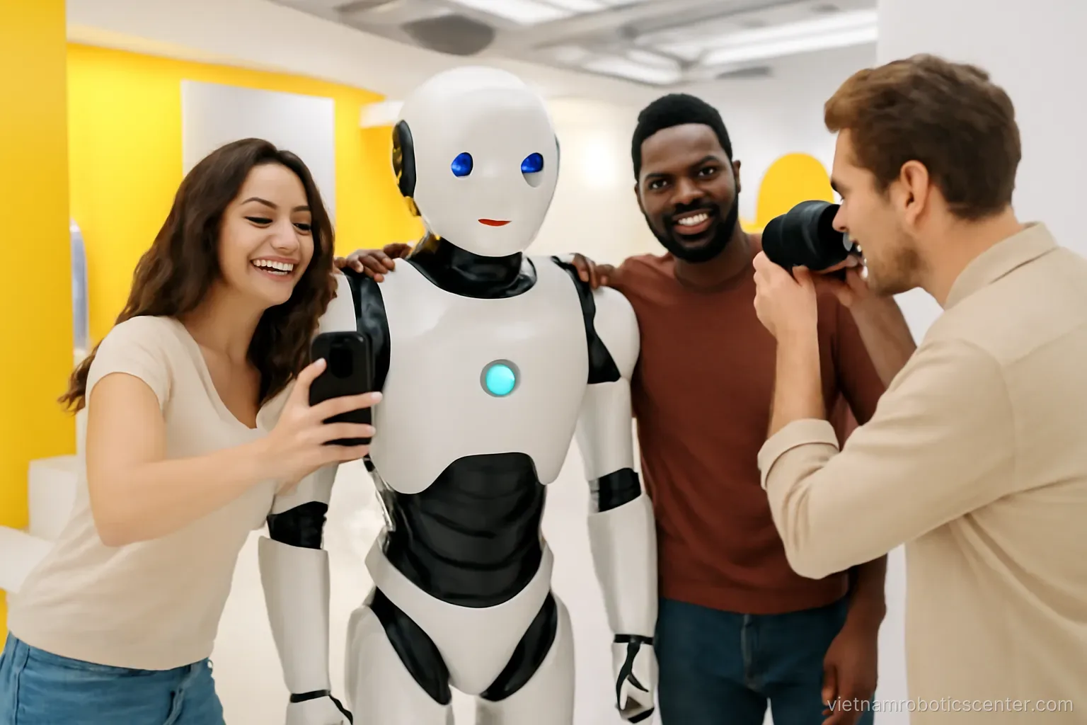 Visitors photographing a robot in an exhibition space