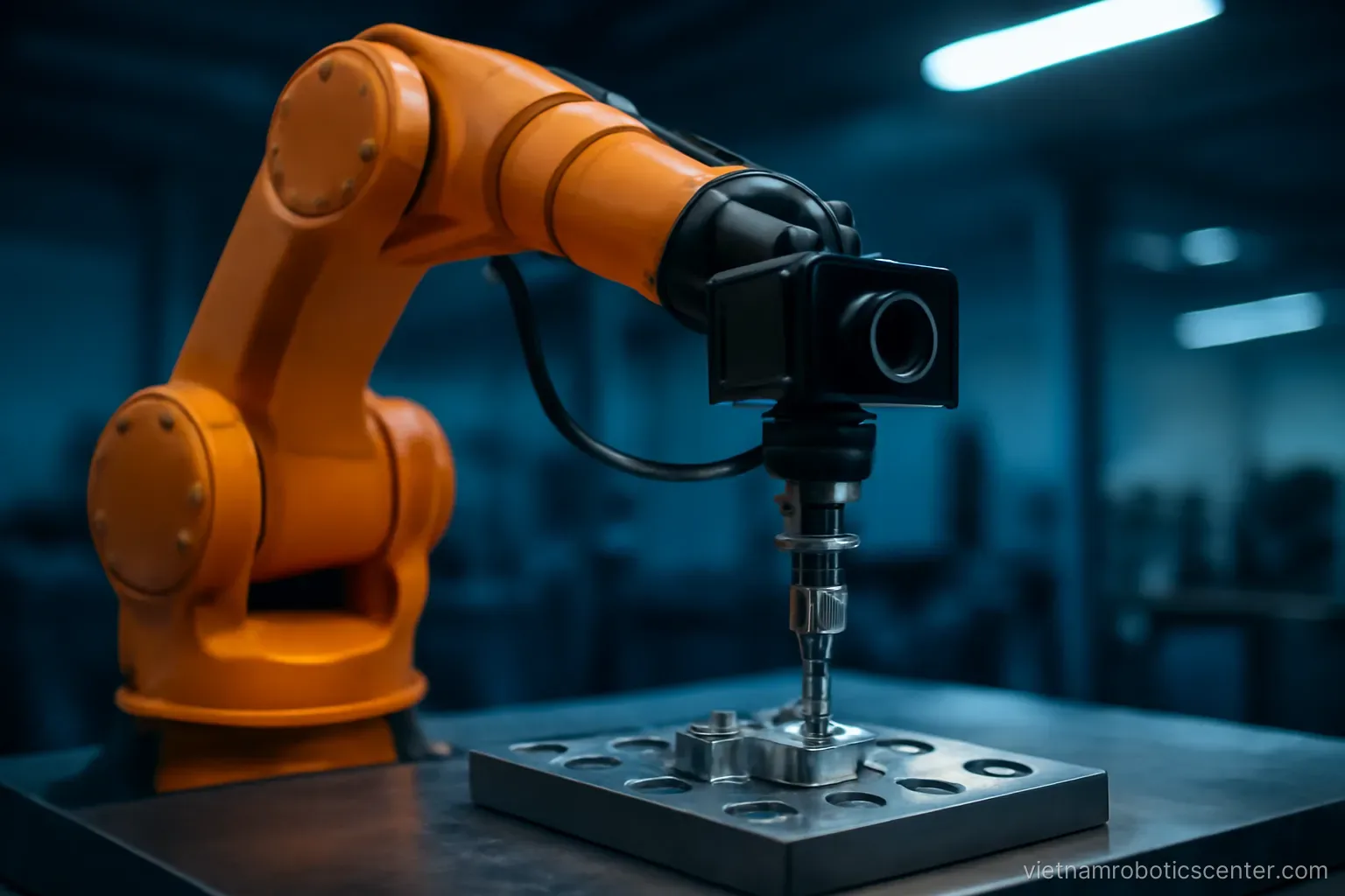 Industrial robot arm performing assembly task with vision system observing workpiece variation