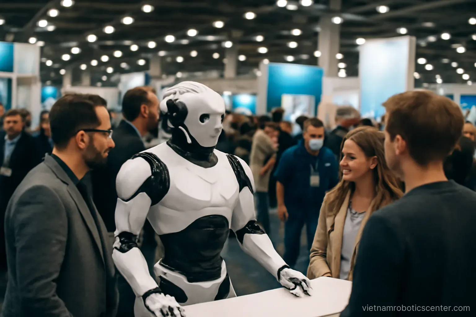 Robot at an exhibition stand surrounded by visitors