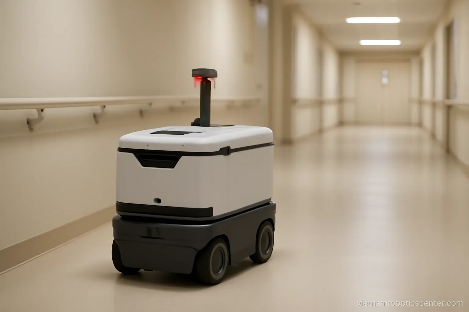 Logistics robot moving along a hospital corridor
