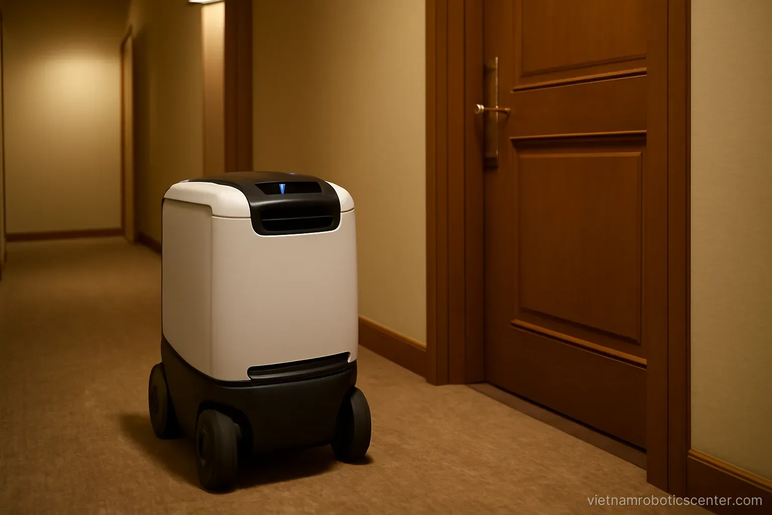 Delivery robot outside a hotel guest room door