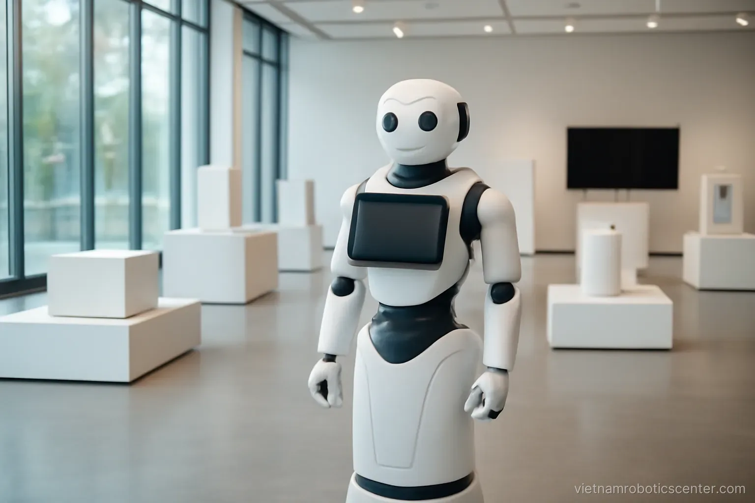 Robot among product displays in a modern showroom