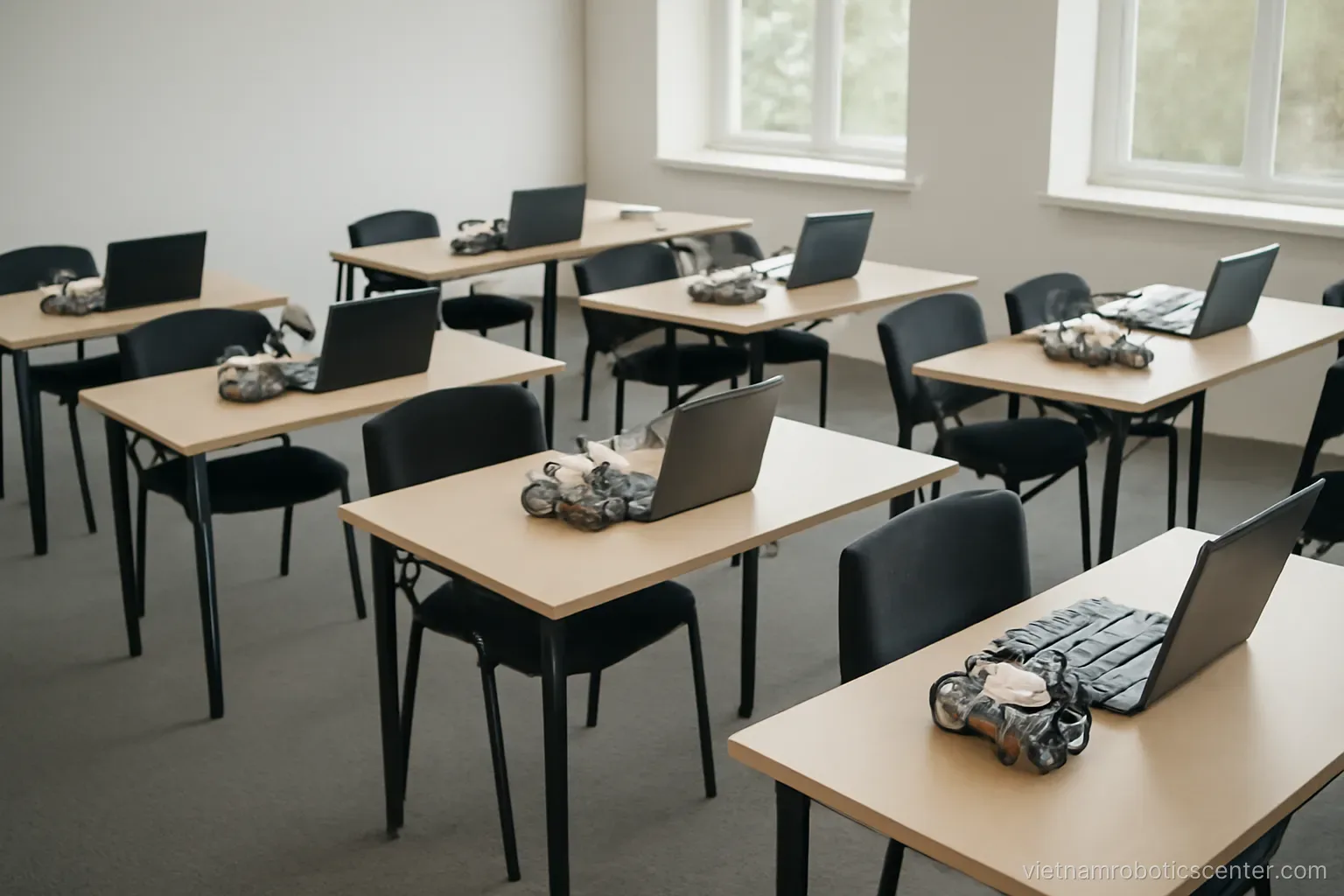 Training room with tables holding robot kits