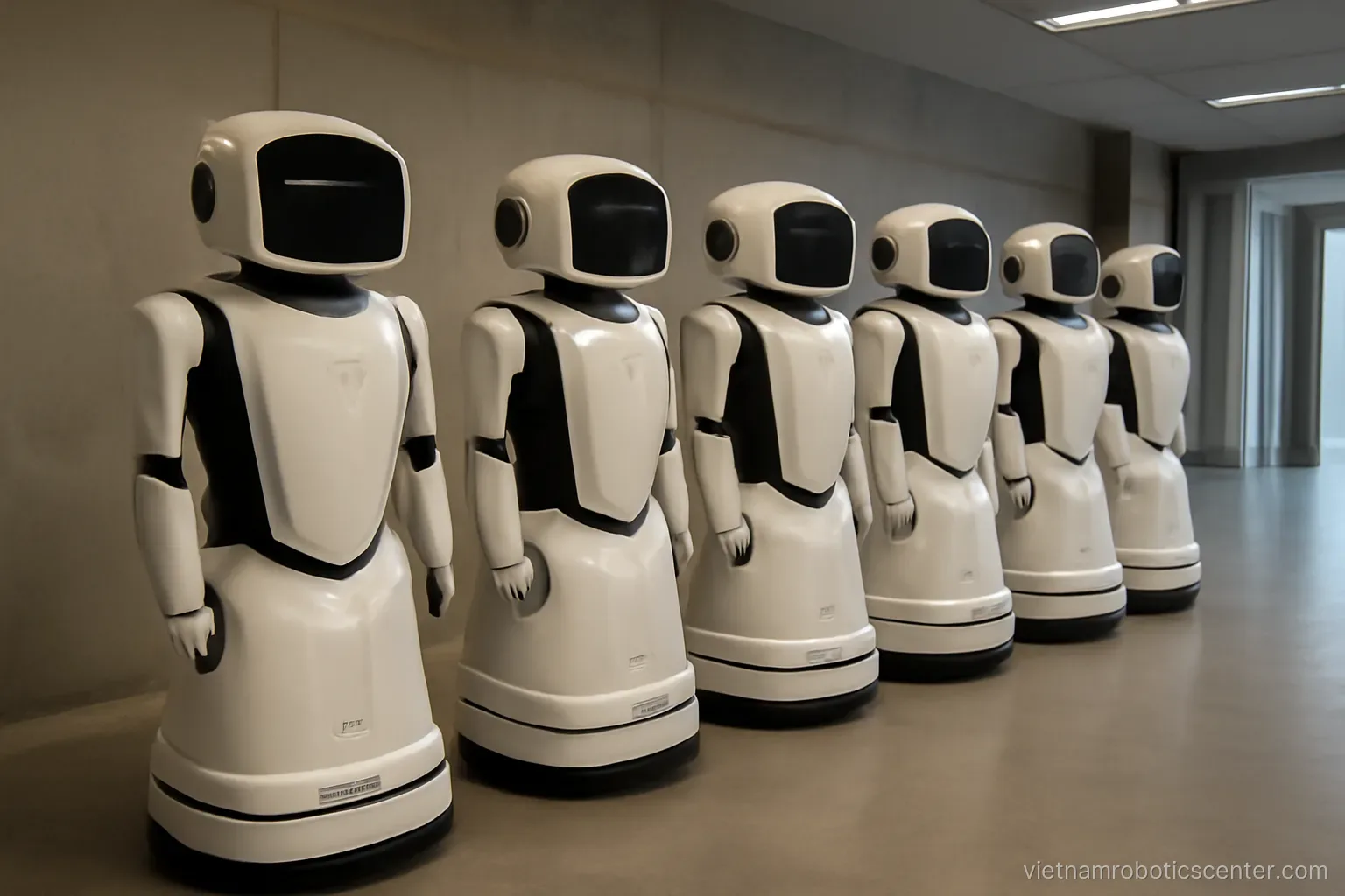 Several service robots parked side by side