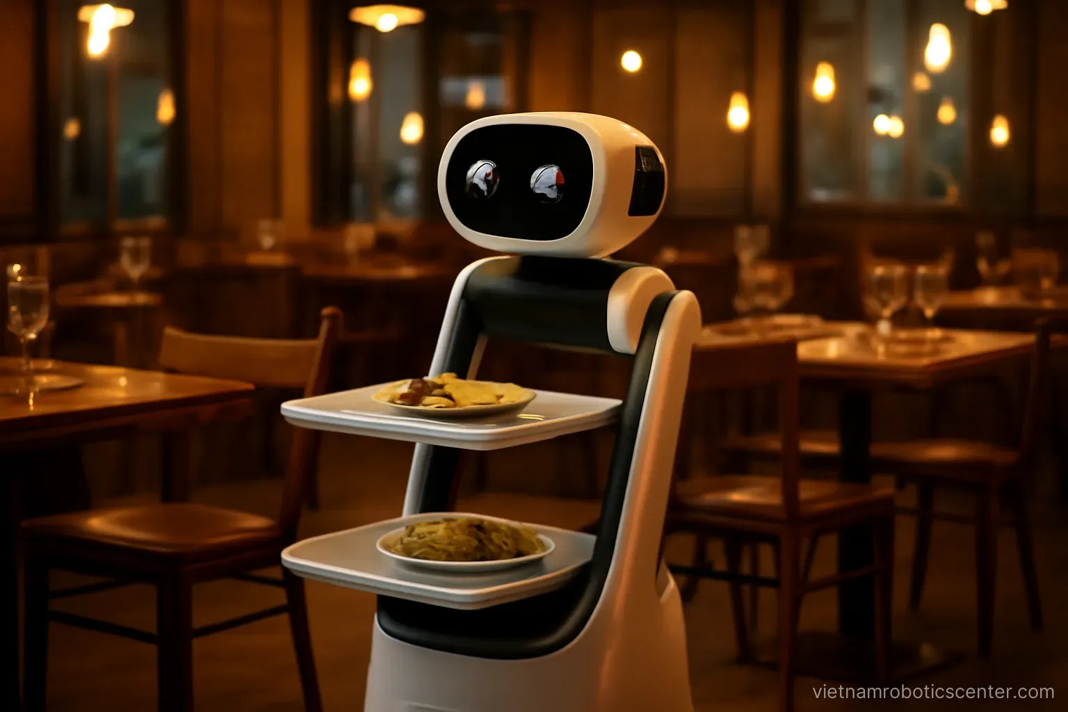 Serving robot moving between tables with food trays