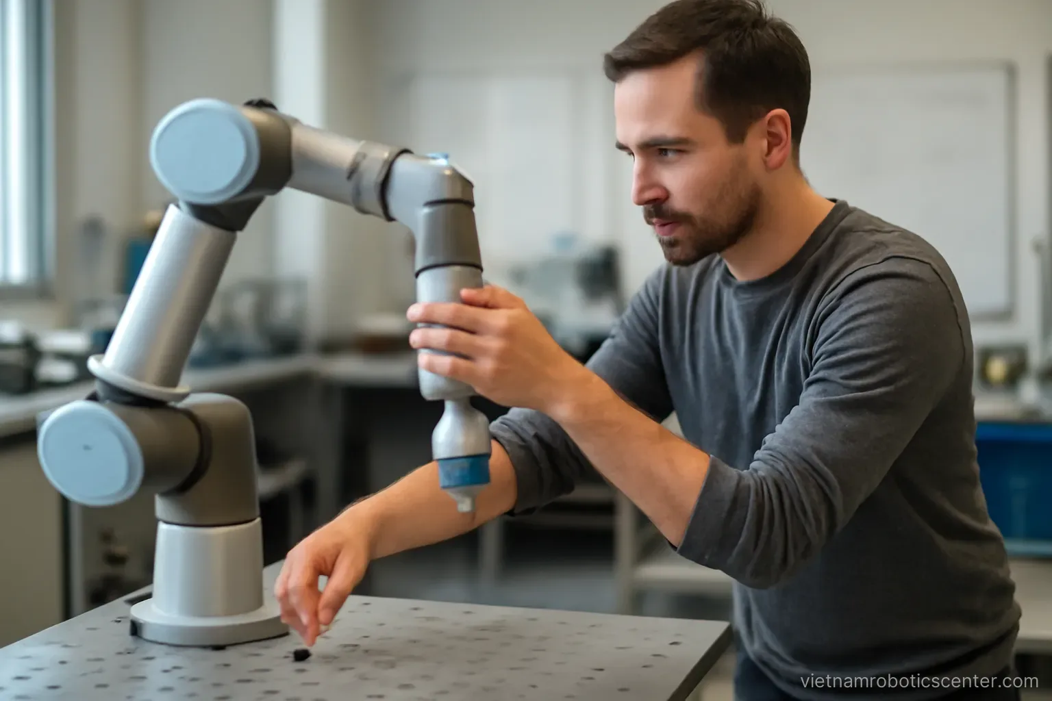 Person guiding a robot arm through a movement by hand