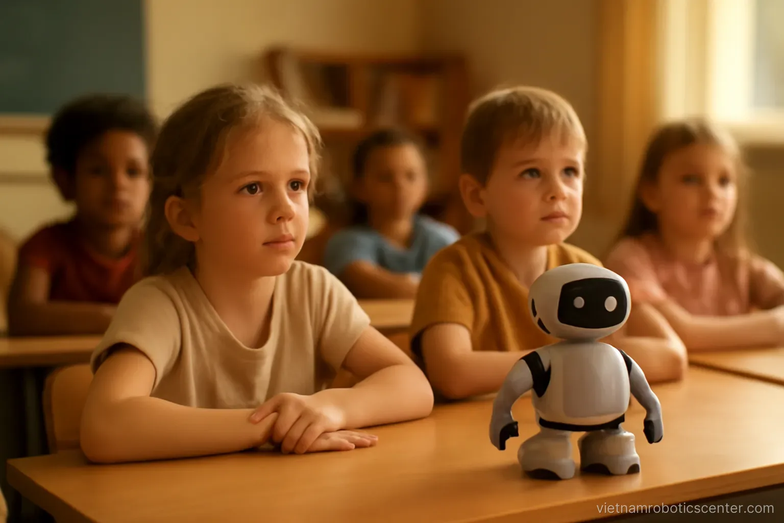 Children in a classroom with a small robot model on the table