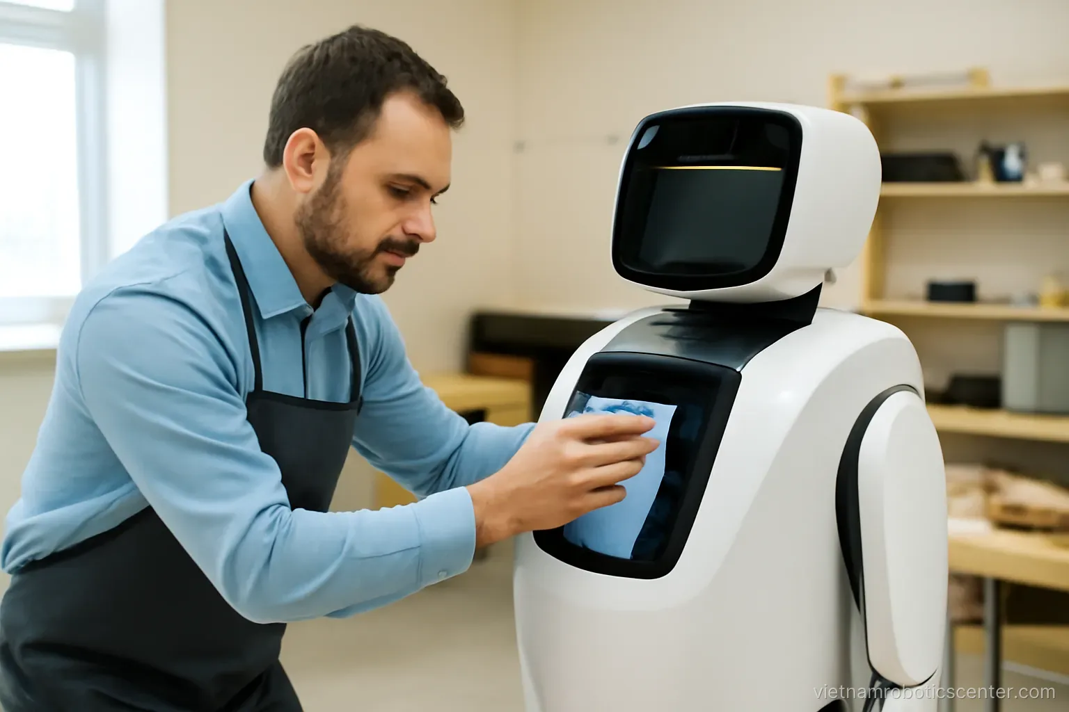 Employee checking and wiping a service robot