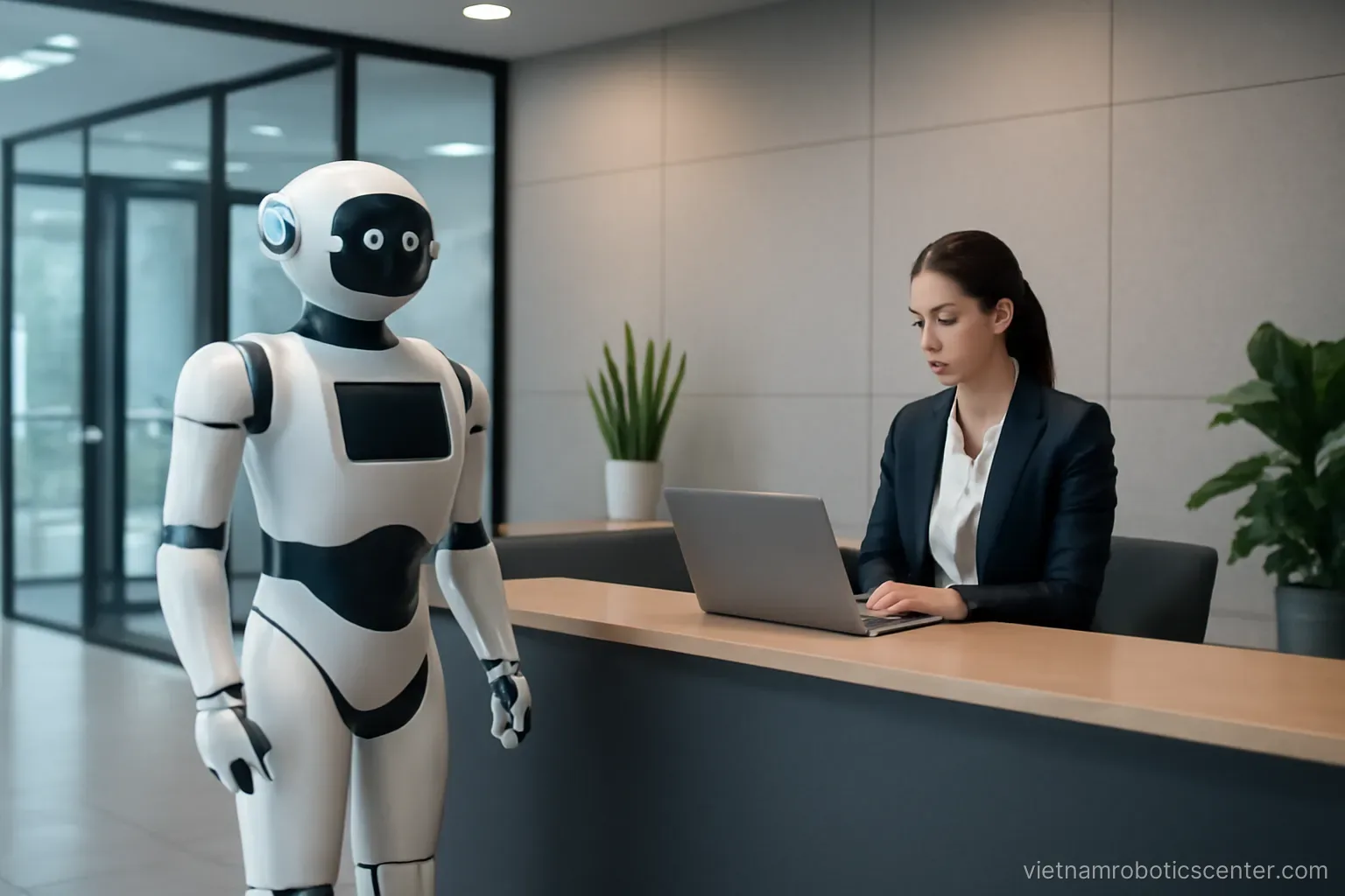 Service robot beside a staffed reception counter