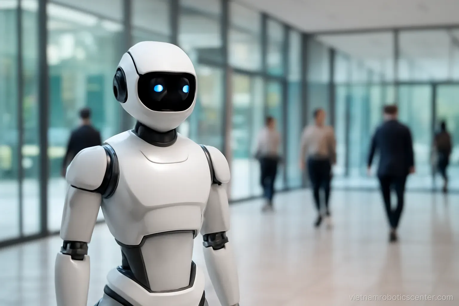 White humanoid robot standing in a bright office lobby