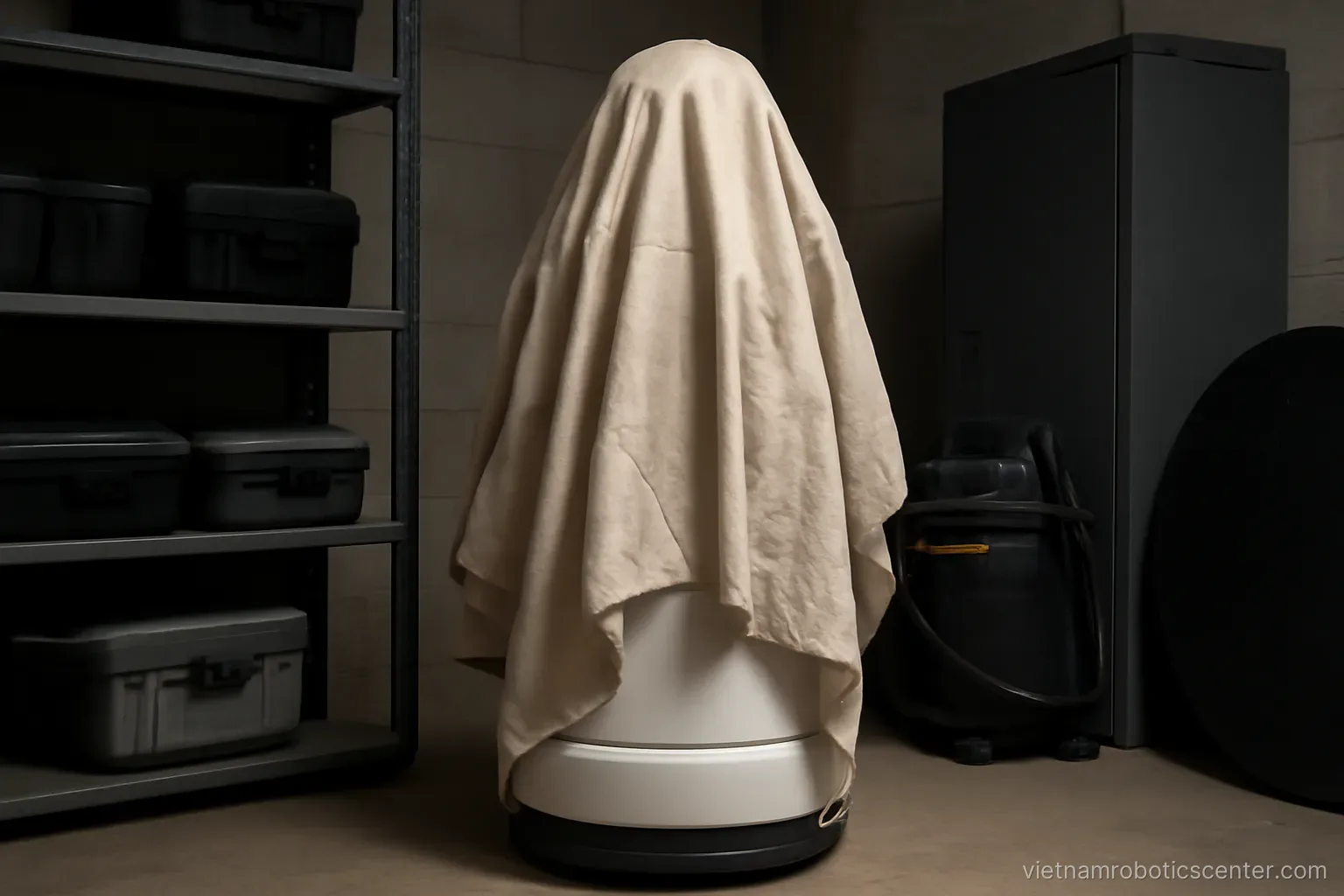 Robot covered with a protective cloth in a storage room