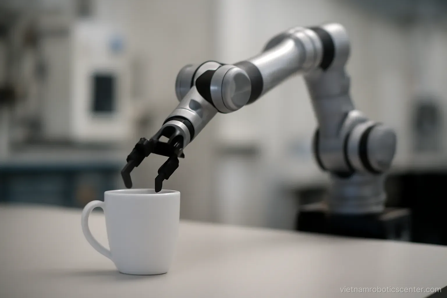 Robotic arm reaching for an object on a table
